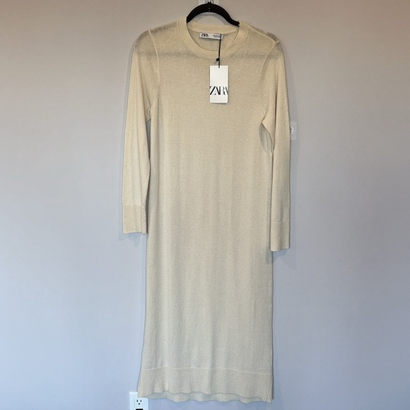 Zara Lightweight Long Sleeve Maxi Dress Cream NWT - Picture 2 of 7